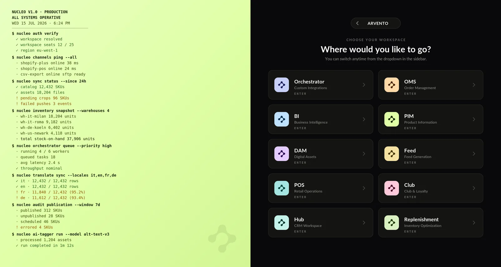Product screenshot — Nucleo shell with module switcher
